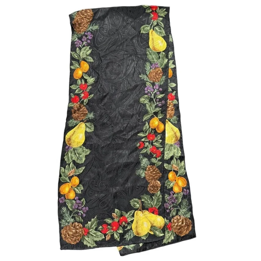 Vintage Luxury Fashion Silk Scarf Black Harvest‎ Fruit Motif Holiday Wrap